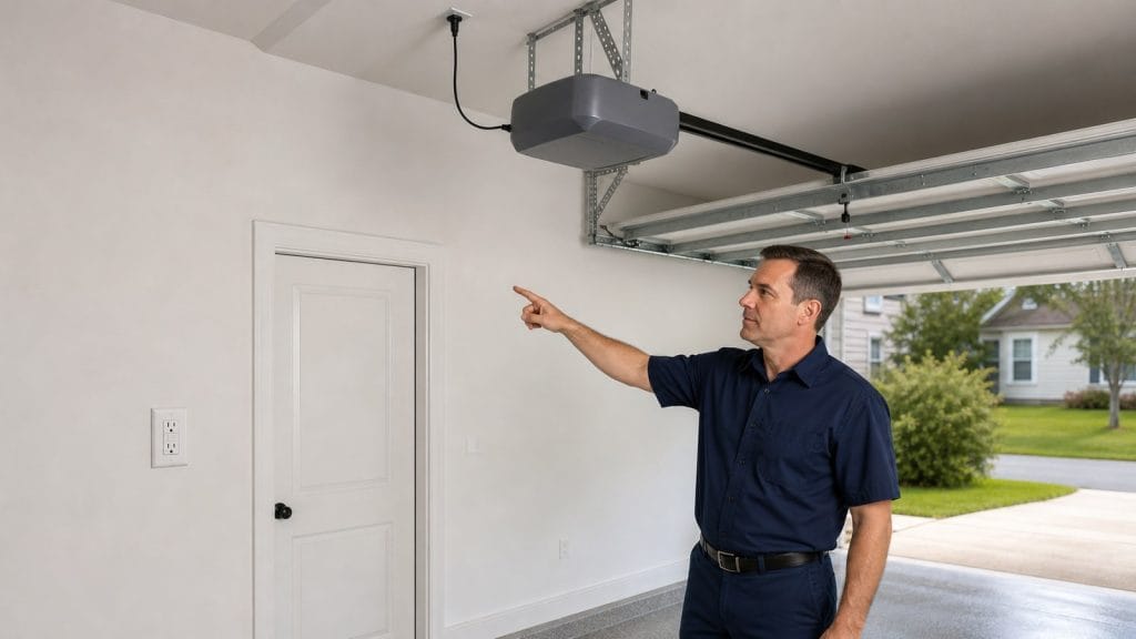 Garage door opener connected to a GFCI-protected ceiling receptacle with an accessible wall reset point