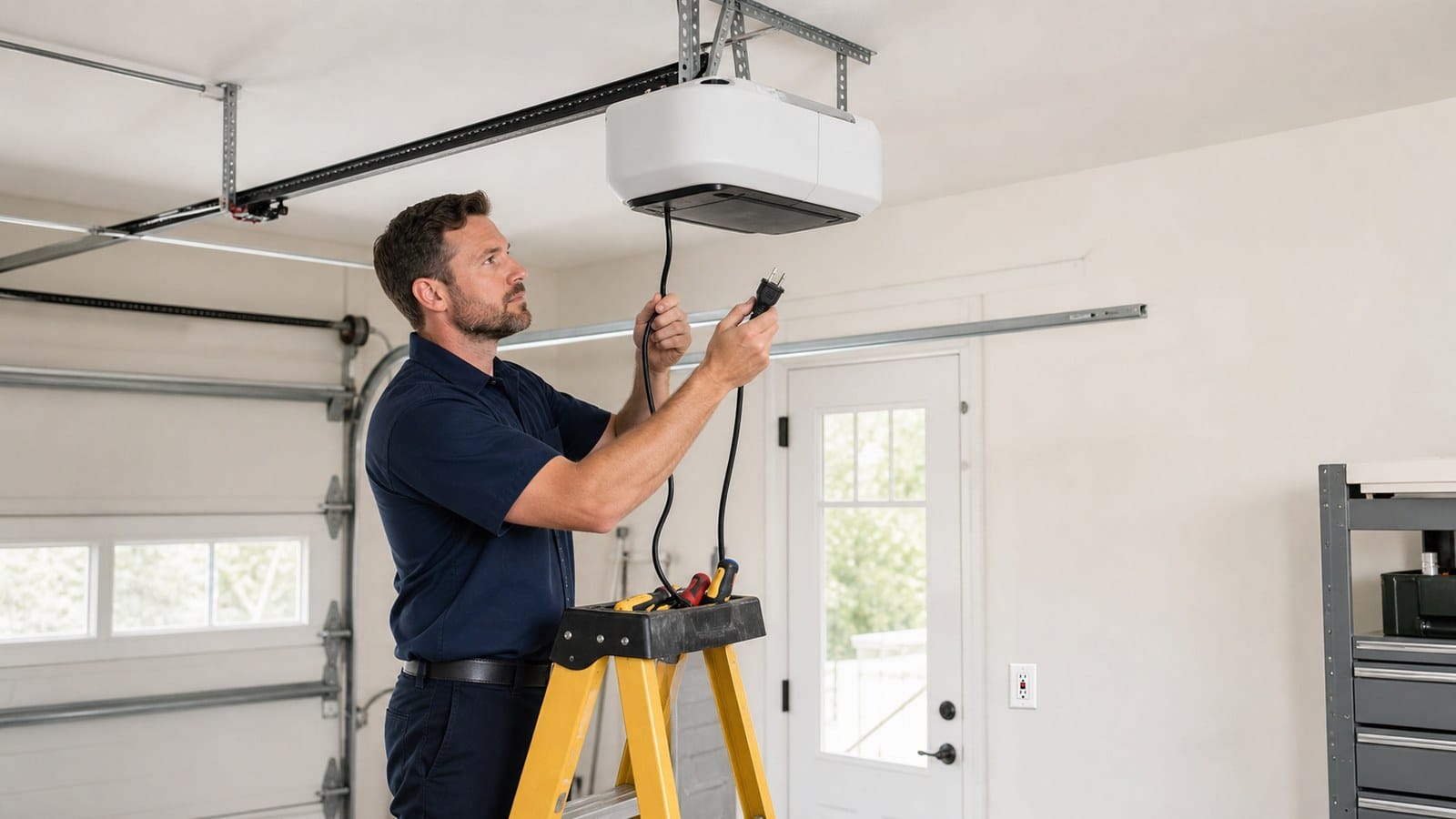 Technician checking a garage door opener power cord and GFCI-protected outlet
