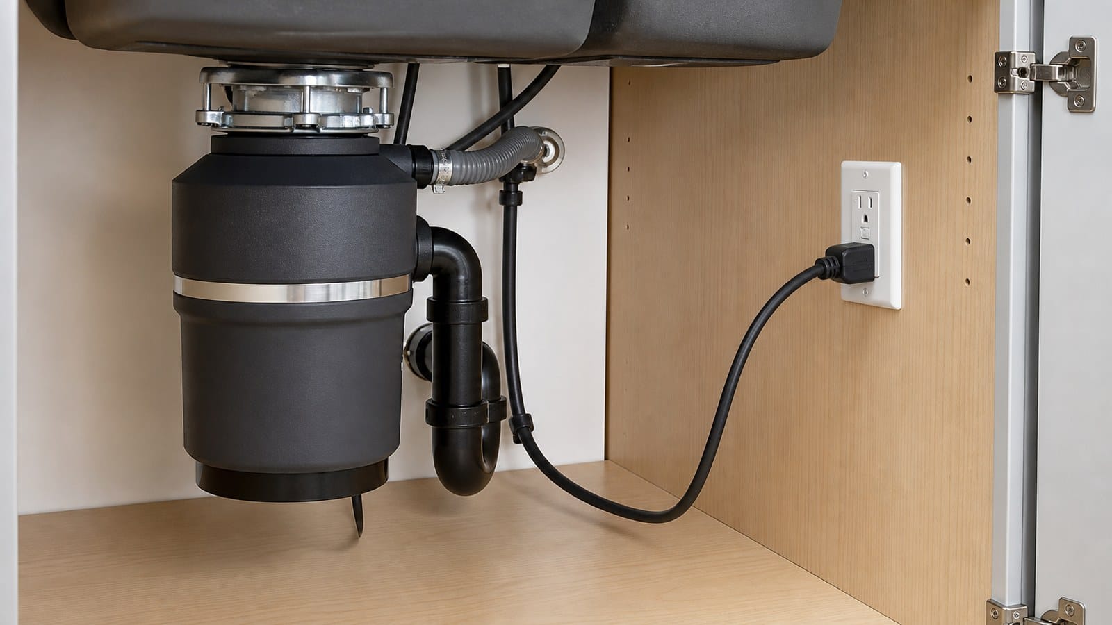 Garbage disposal connected to an accessible receptacle inside a dry sink-base cabinet