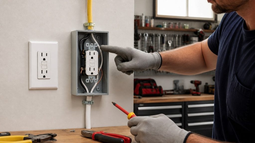 Electrician demonstrating incoming and downstream cables at a garage GFCI receptacle