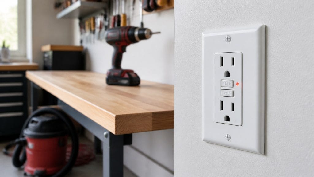 Self-test GFCI receptacle with a red status light in a residential garage workbench area