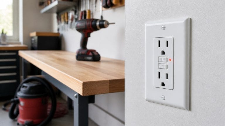 Self-test GFCI receptacle with a red status light in a residential garage workbench area