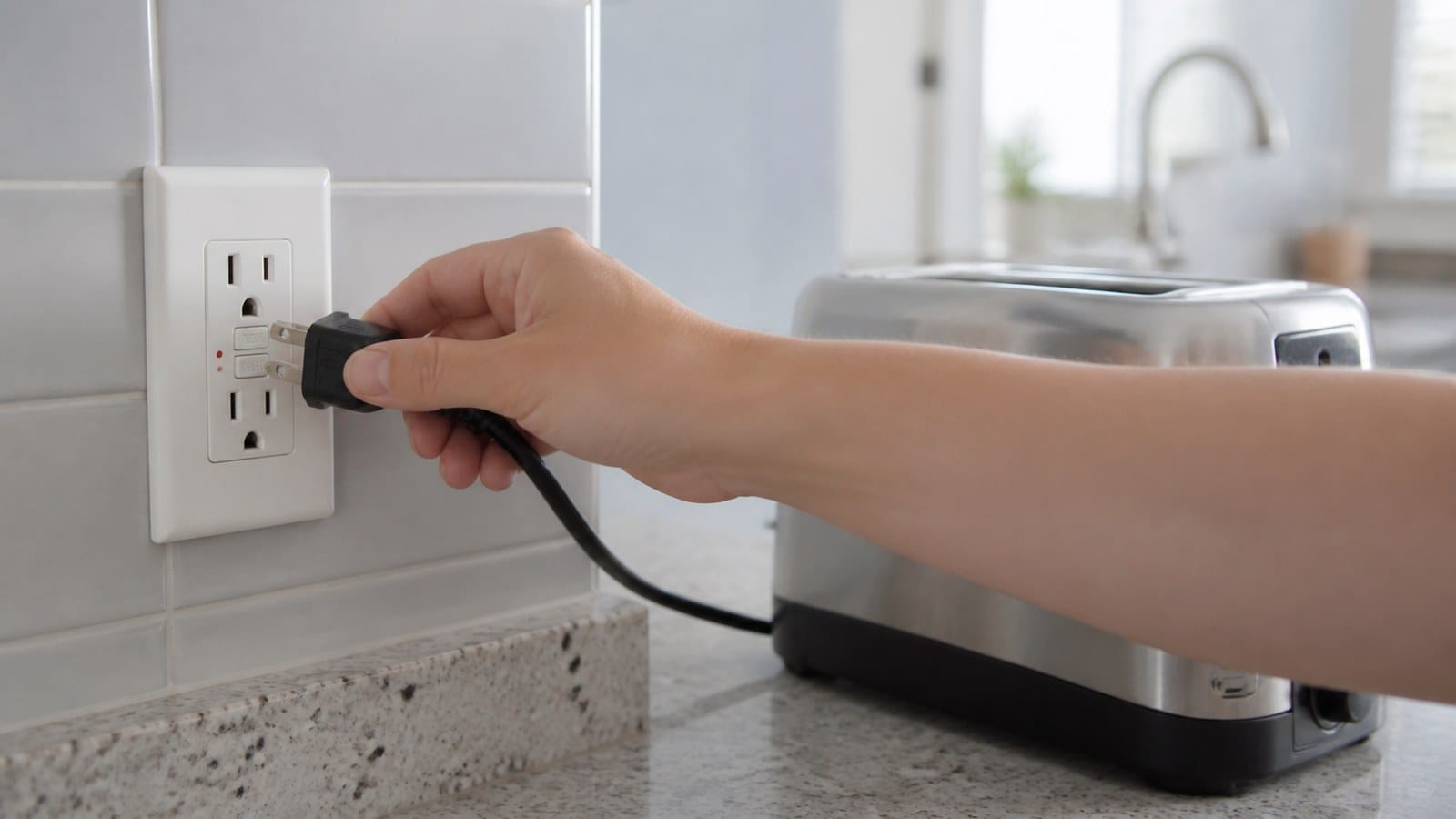 Homeowner unplugging a toaster before checking a kitchen GFCI outlet with a red indicator light