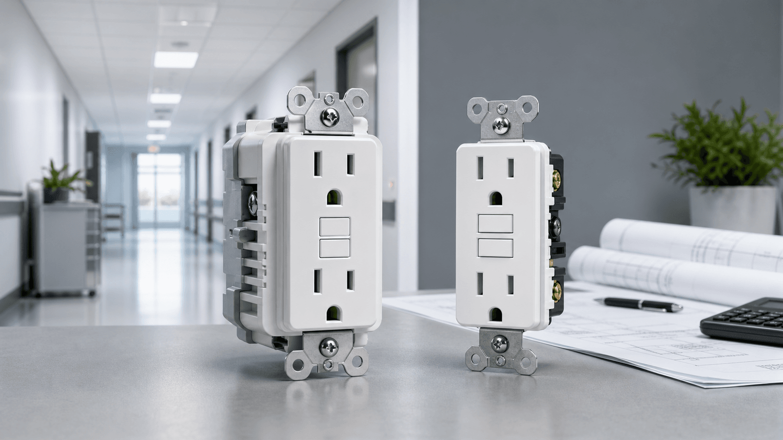 Hospital-grade GFCI concept compared with a standard commercial GFCI receptacle