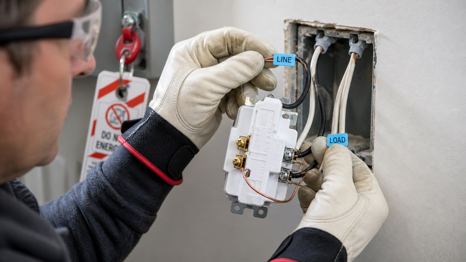 Identifying GFCI Line and Load Cables Electrician labeling the incoming line cable and downstream load cable at a de-energized GFCI wall box