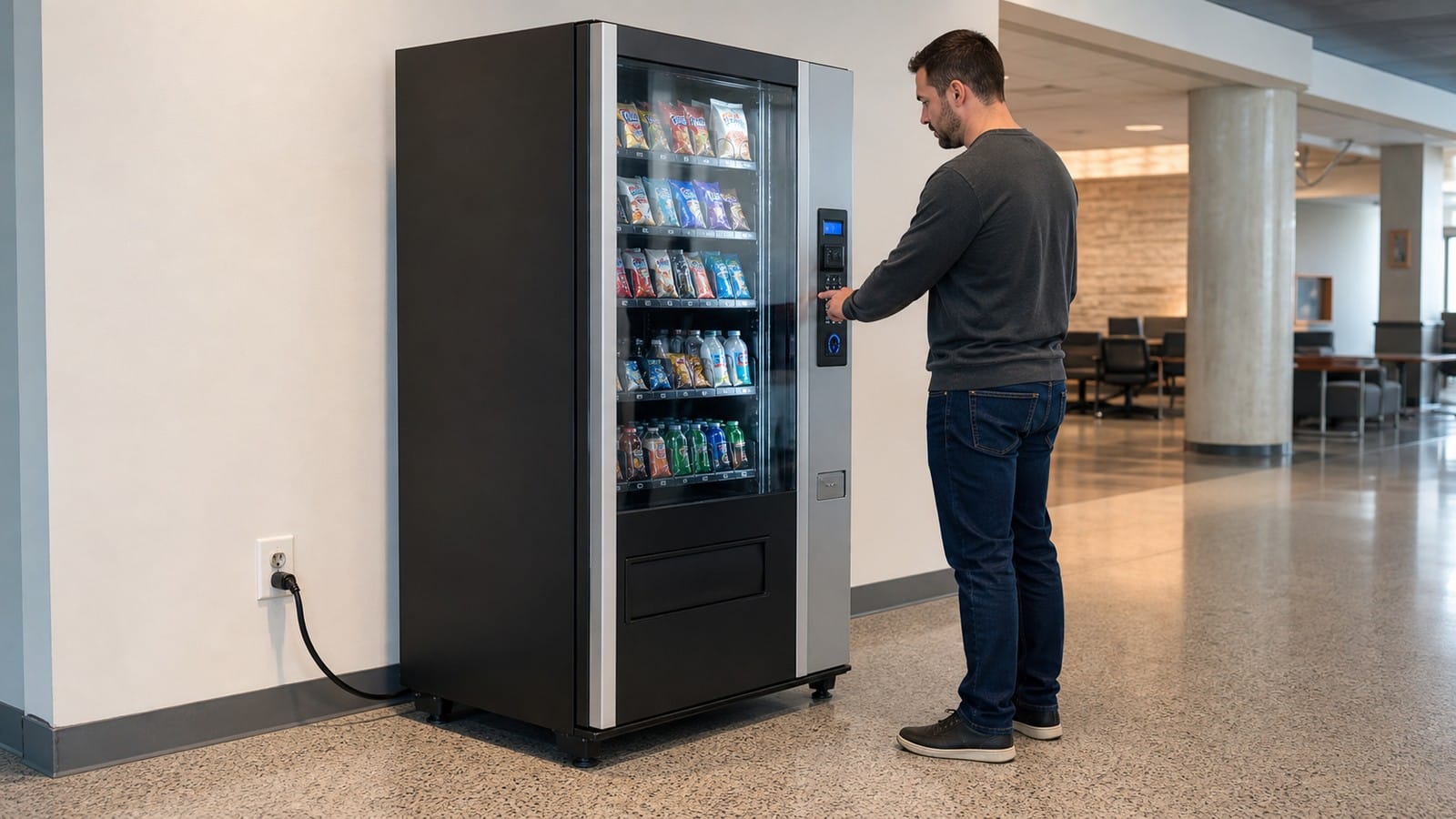 Customer using an indoor vending machine supplied from a labeled GFCI-protected receptacle