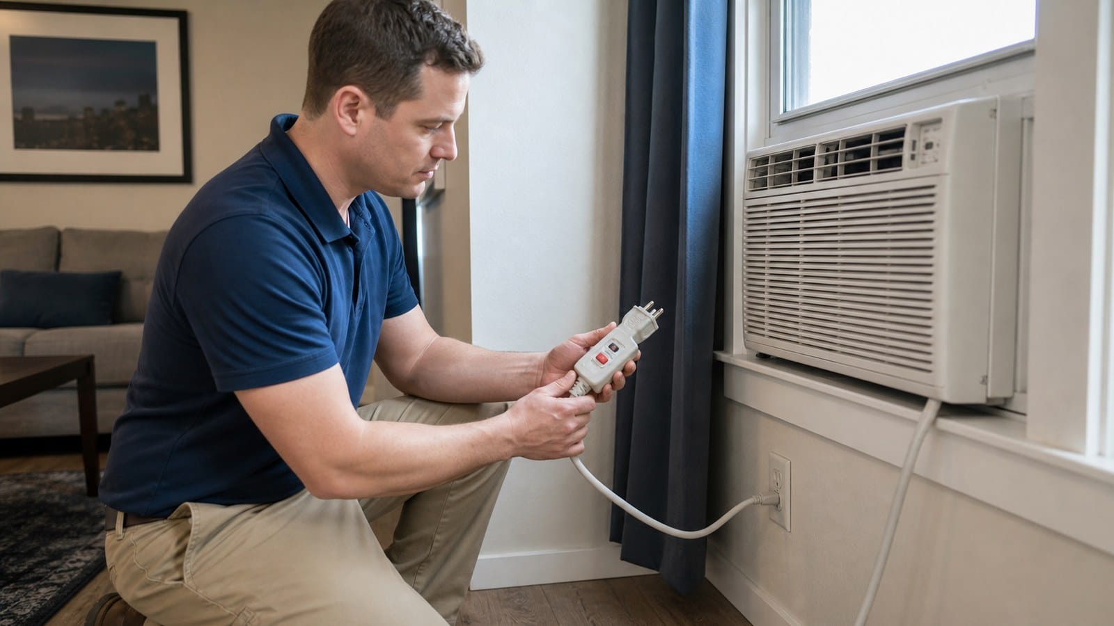 Room air conditioner powered through an LCDI cord set in a residential room