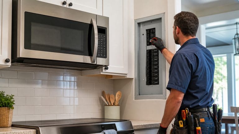 Electrician checking a GFCI-protected circuit for an over-the-range microwave in a residential kitchen