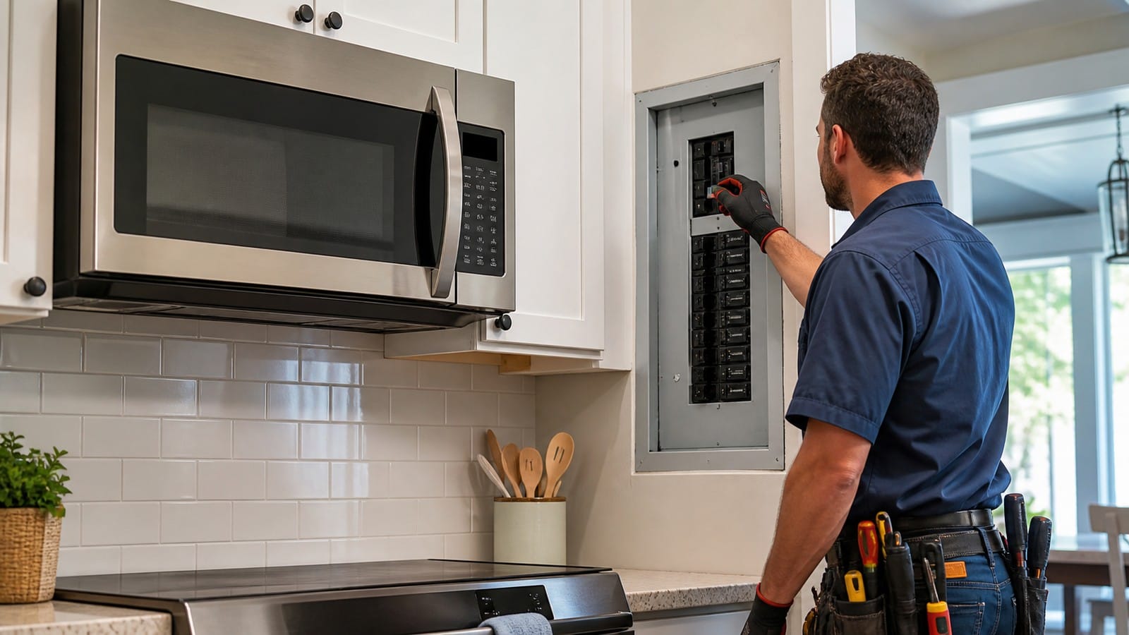Electrician checking a GFCI-protected circuit for an over-the-range microwave in a residential kitchen