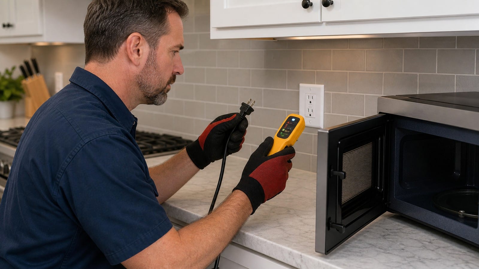 Qualified technician checking an unplugged microwave cord and GFCI-protected receptacle