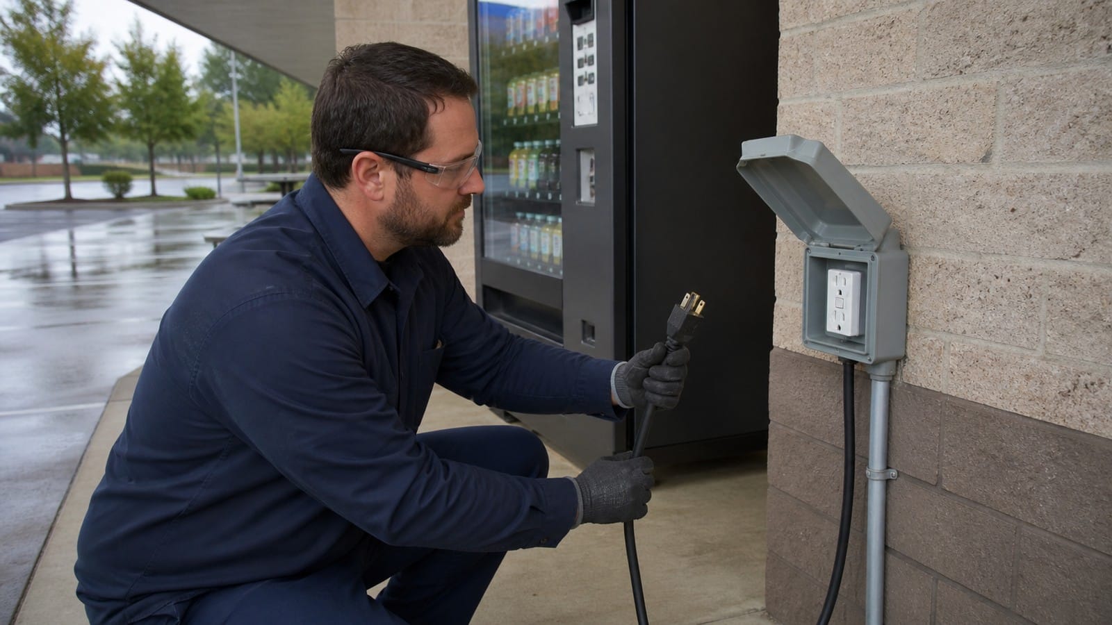 Facility technician inspecting an outdoor vending machine cord and weather-protected GFCI supply point