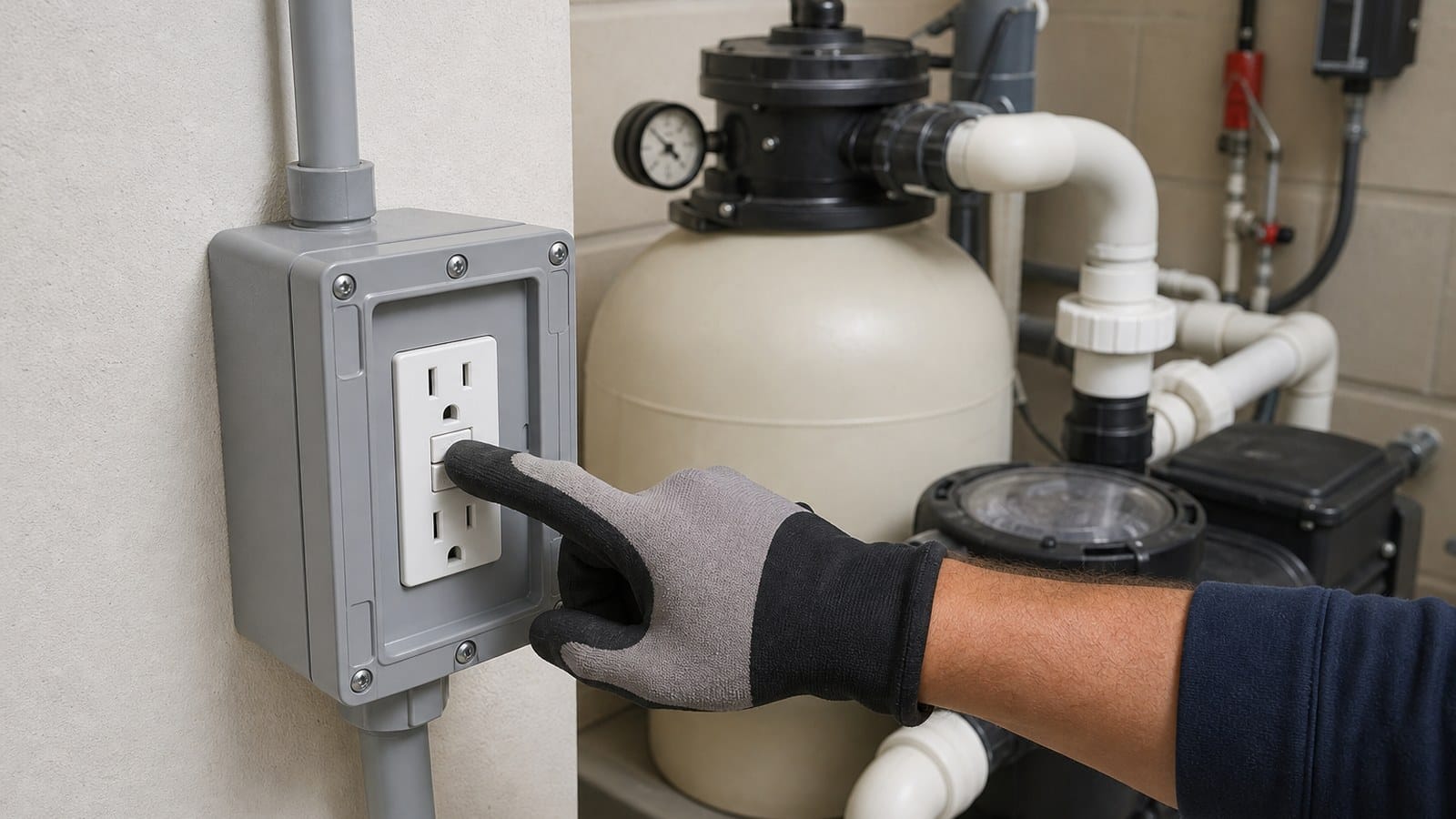 Pool Equipment Room GFCI Testing Electrician testing a GFCI receptacle in a dry pool equipment room beside pump and filter equipment