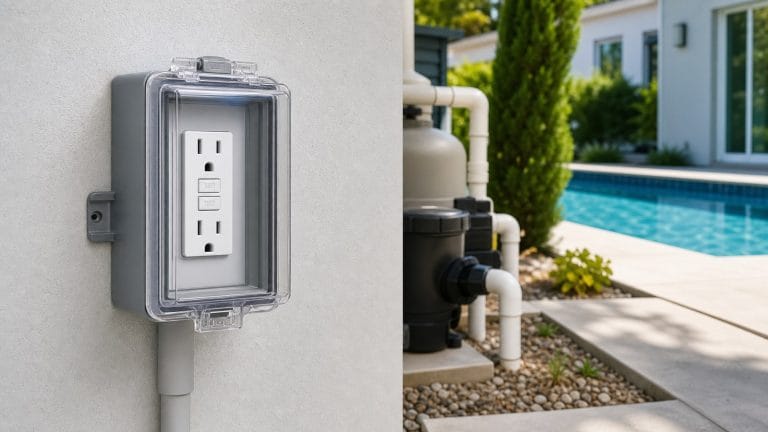 Weather-resistant GFCI receptacle in a covered outdoor box beside residential pool equipment