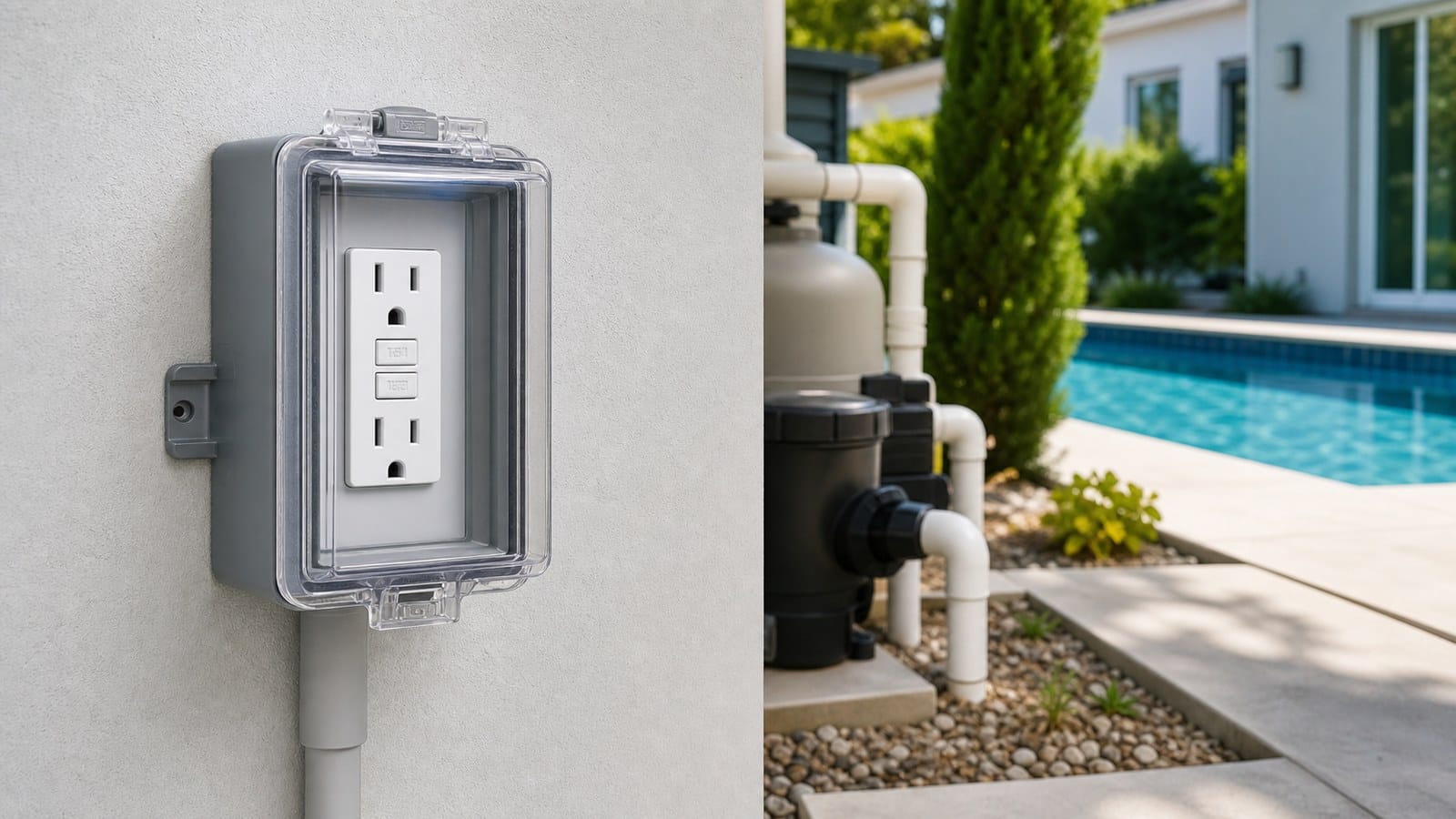 Weather-resistant GFCI receptacle in a covered outdoor box beside residential pool equipment
