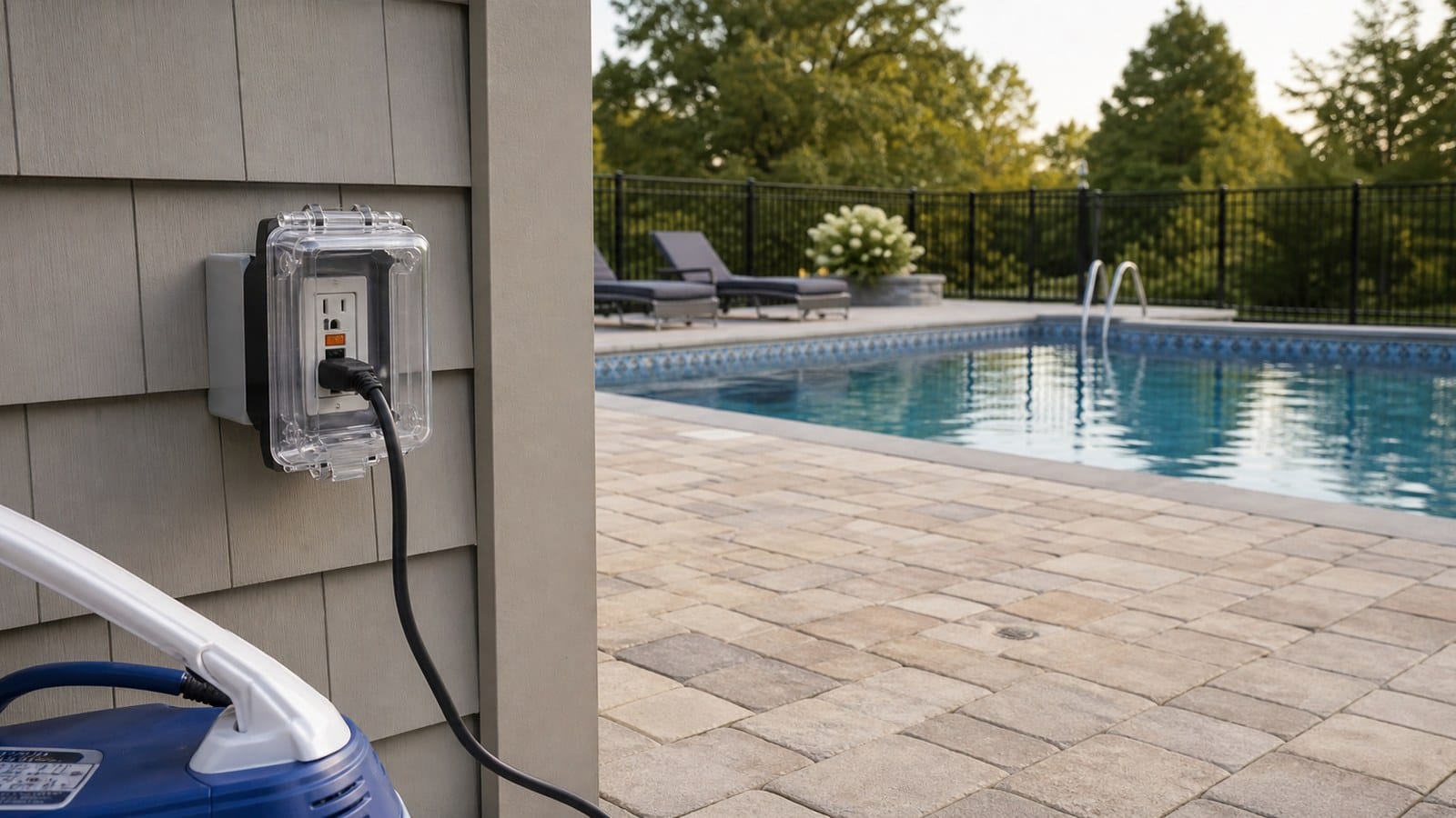 Poolside Weather-Resistant GFCI Application Weather-resistant GFCI receptacle under an in-use cover supplying pool maintenance equipment on a dry patio
