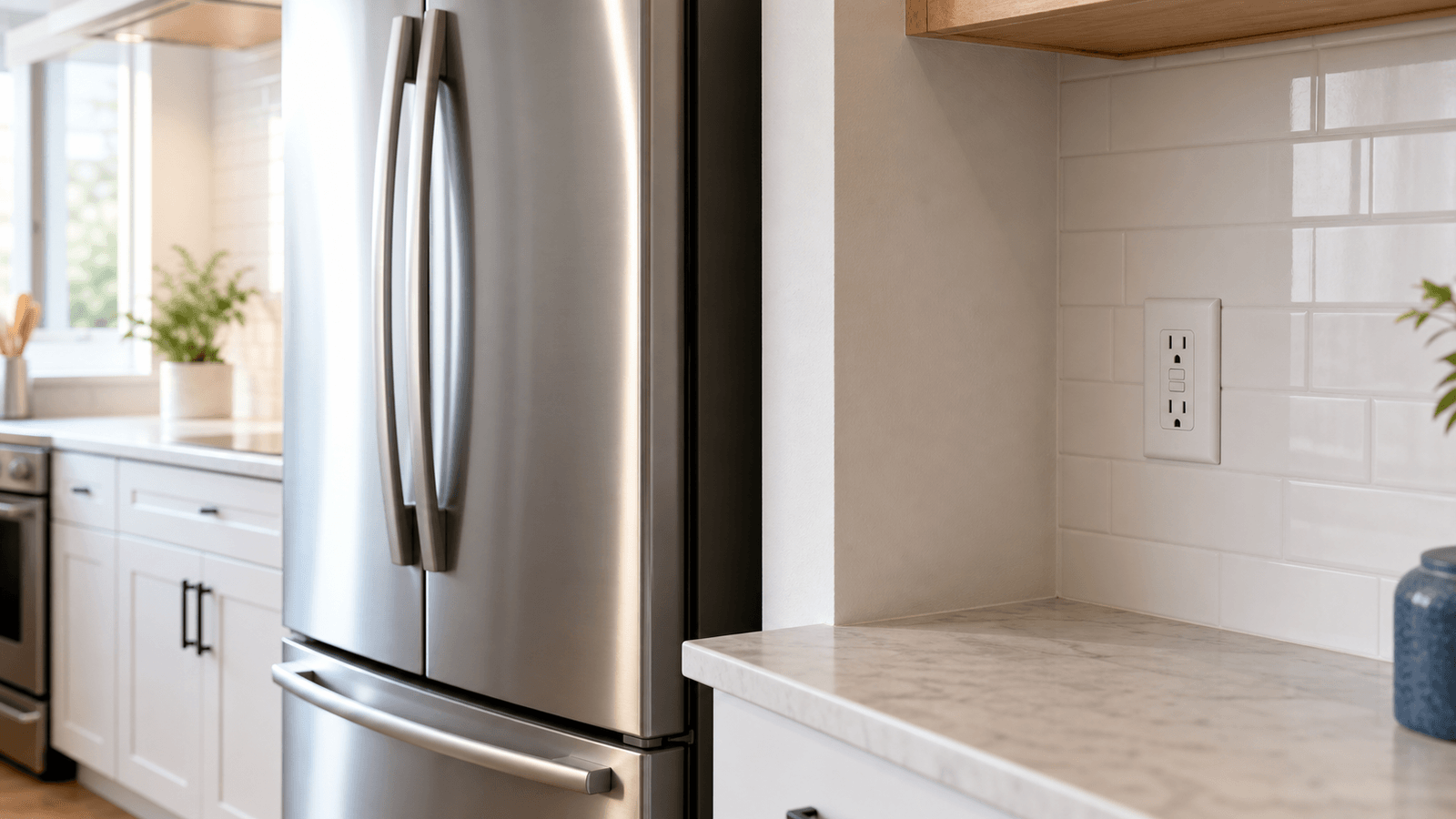 Stainless-steel refrigerator beside a kitchen GFCI receptacle