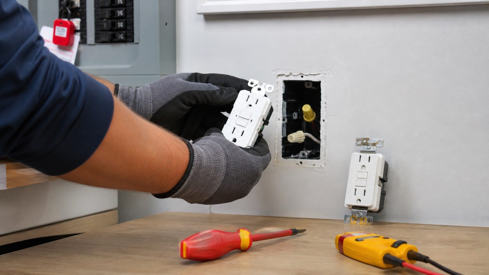 Electrician replacing a failed GFCI receptacle at a de-energized wall box