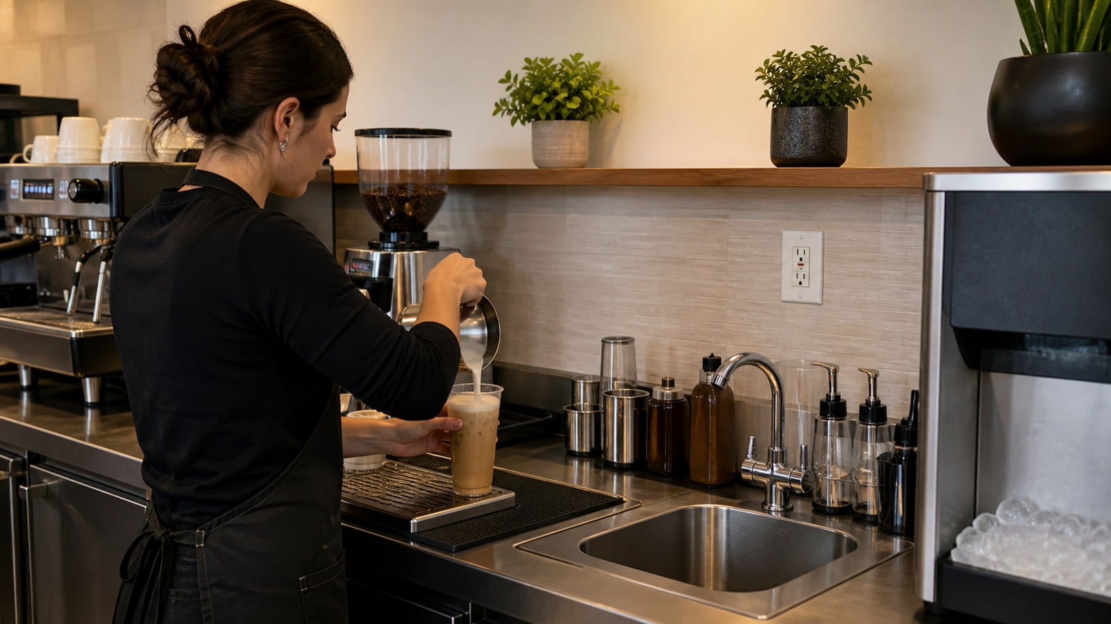 Restaurant beverage station with accessible GFCI outlet and splash-aware equipment layout