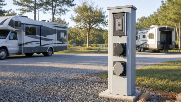 Weather-resistant GFCI receptacle on an RV park power pedestal with motorhomes in the background