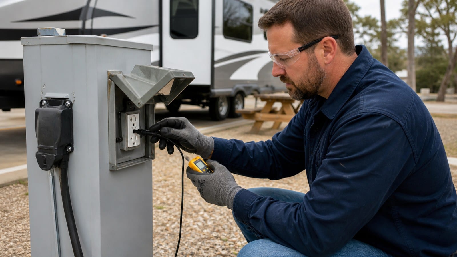 Electrician inspecting a weather-resistant GFCI receptacle on an RV park power pedestal