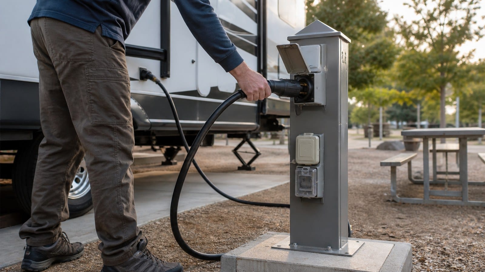 RV guest connecting a shore-power cord beside an accessible 20-amp GFCI receptacle