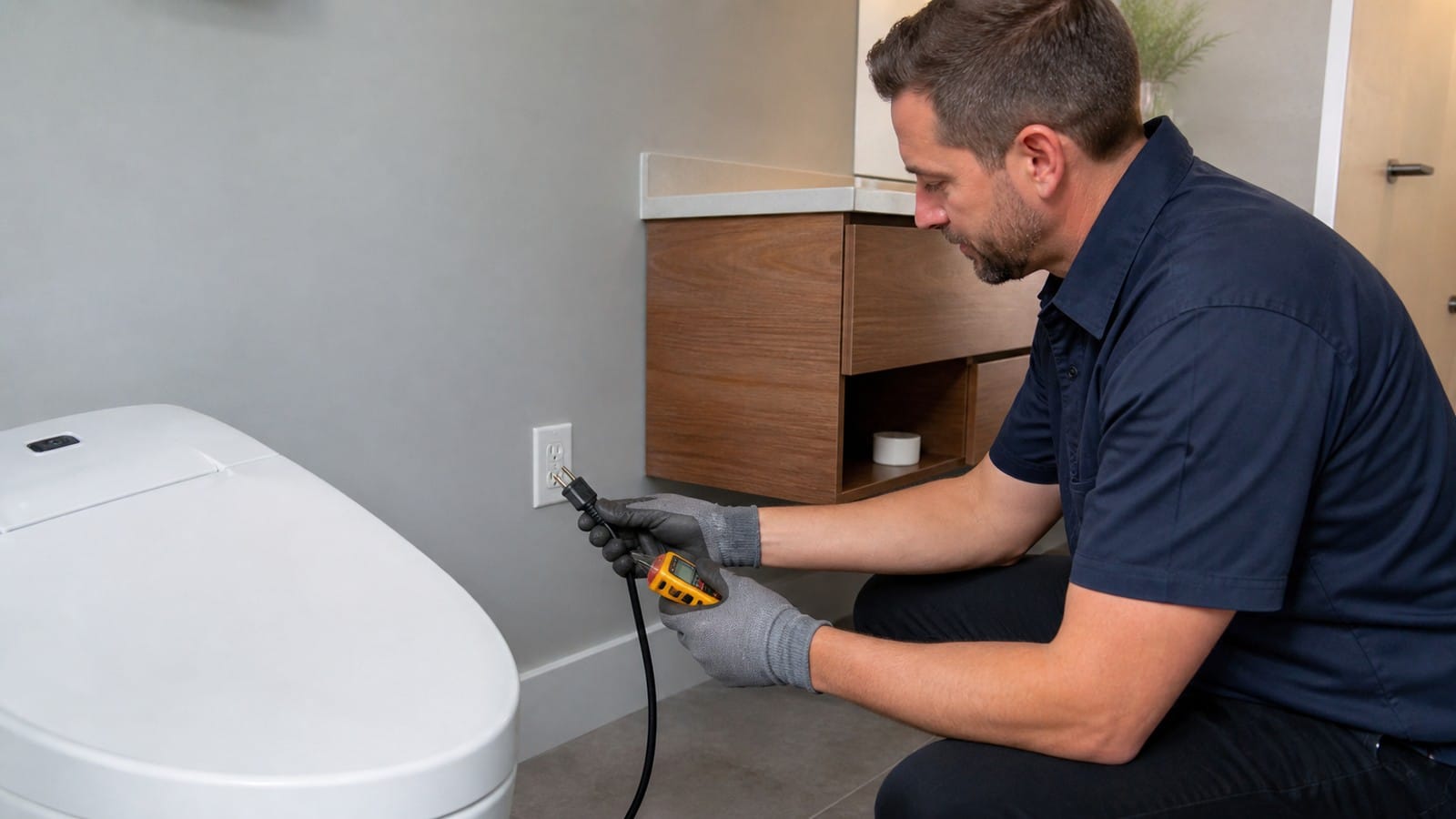 Qualified person checking an unplugged smart-toilet cord and dry GFCI outlet after a trip