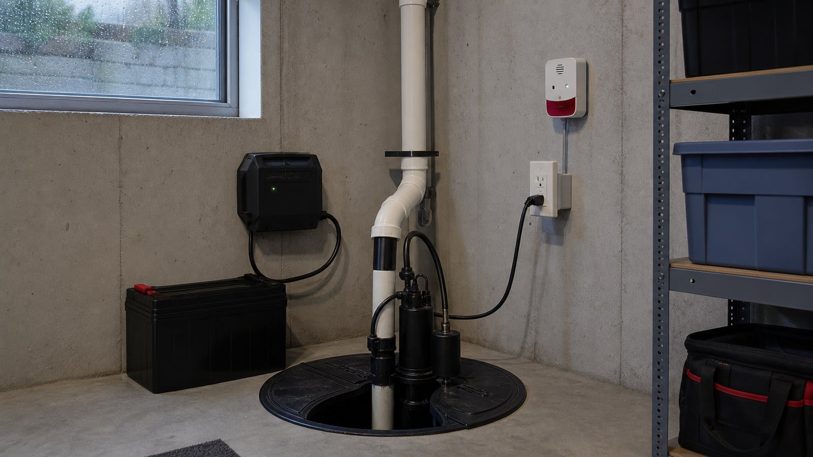 Storm-ready basement sump pump system with GFCI receptacle battery backup and high-water alarm