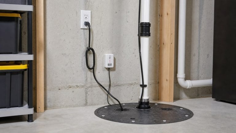 Basement sump pump connected to an accessible GFCI receptacle with high-water alarm