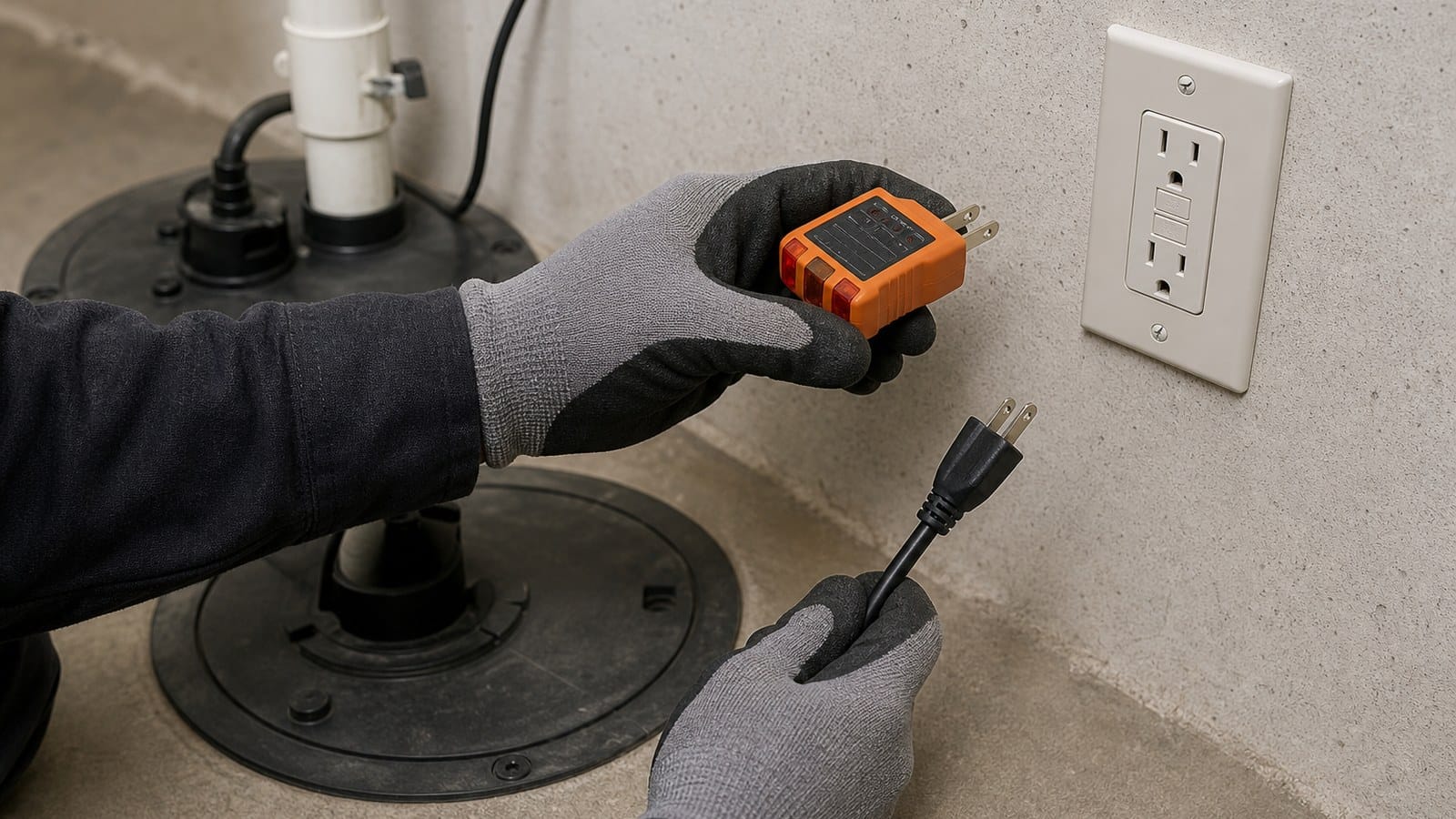 Electrician testing an accessible GFCI receptacle beside an unplugged basement sump pump