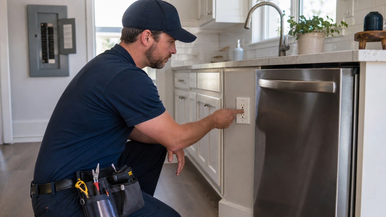 Service electrician testing a GFCI device beside a built-in dishwasher
