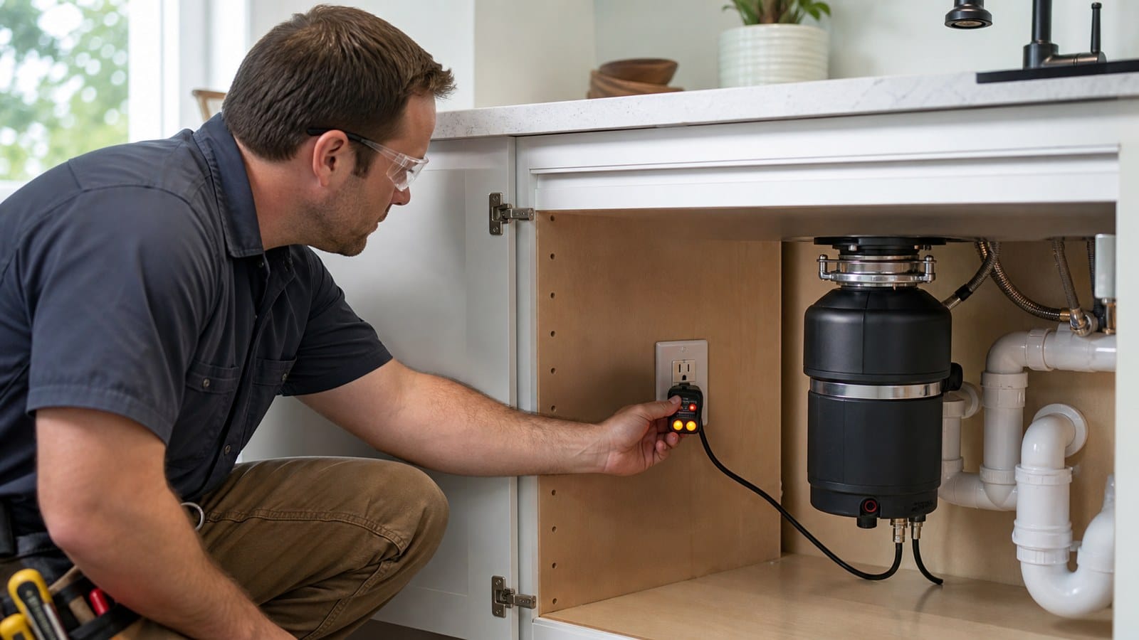 Electrician testing an under-sink garbage disposal circuit after checking for leaks