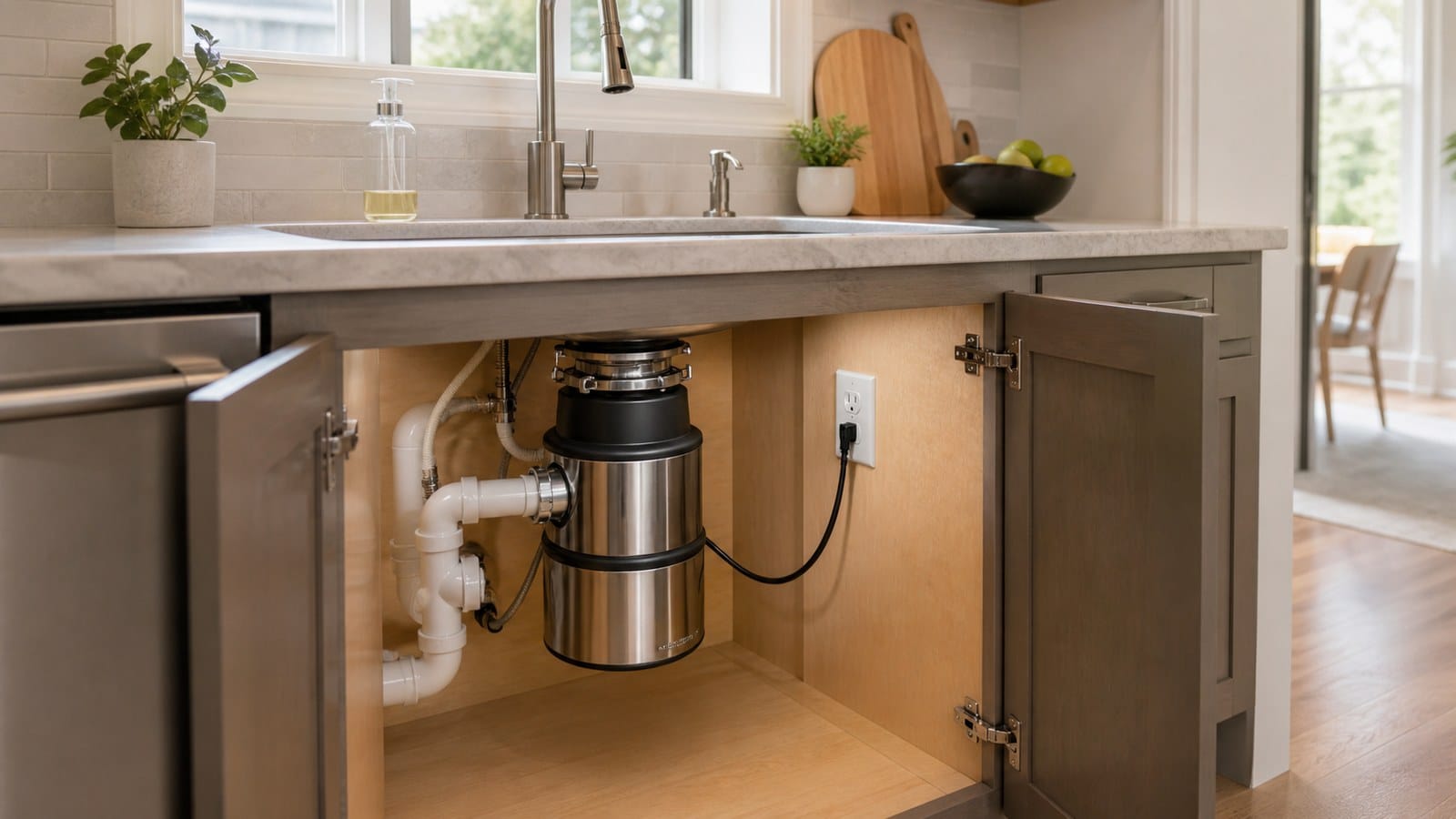 Garbage disposal plugged into an accessible GFCI receptacle inside a dry sink-base cabinet