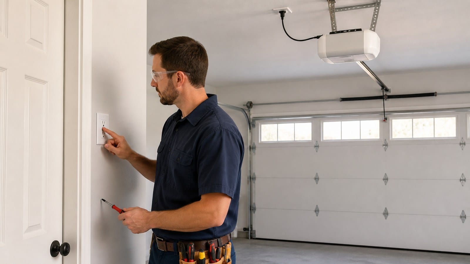 Wall-mounted GFCI reset device protecting a ceiling garage door opener receptacle
