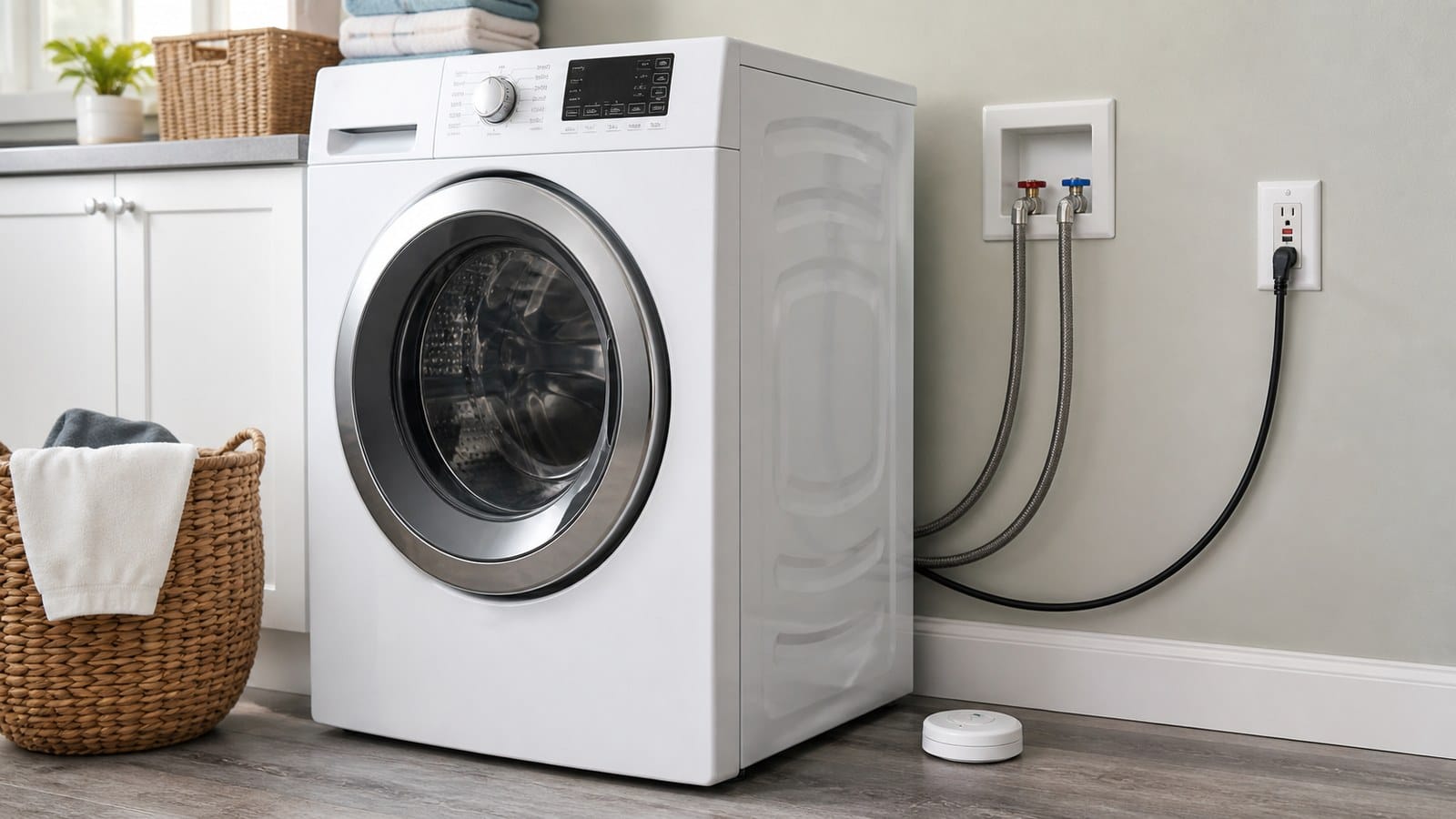 Laundry area with GFCI-protected washer, accessible reset point, and water-leak alarm