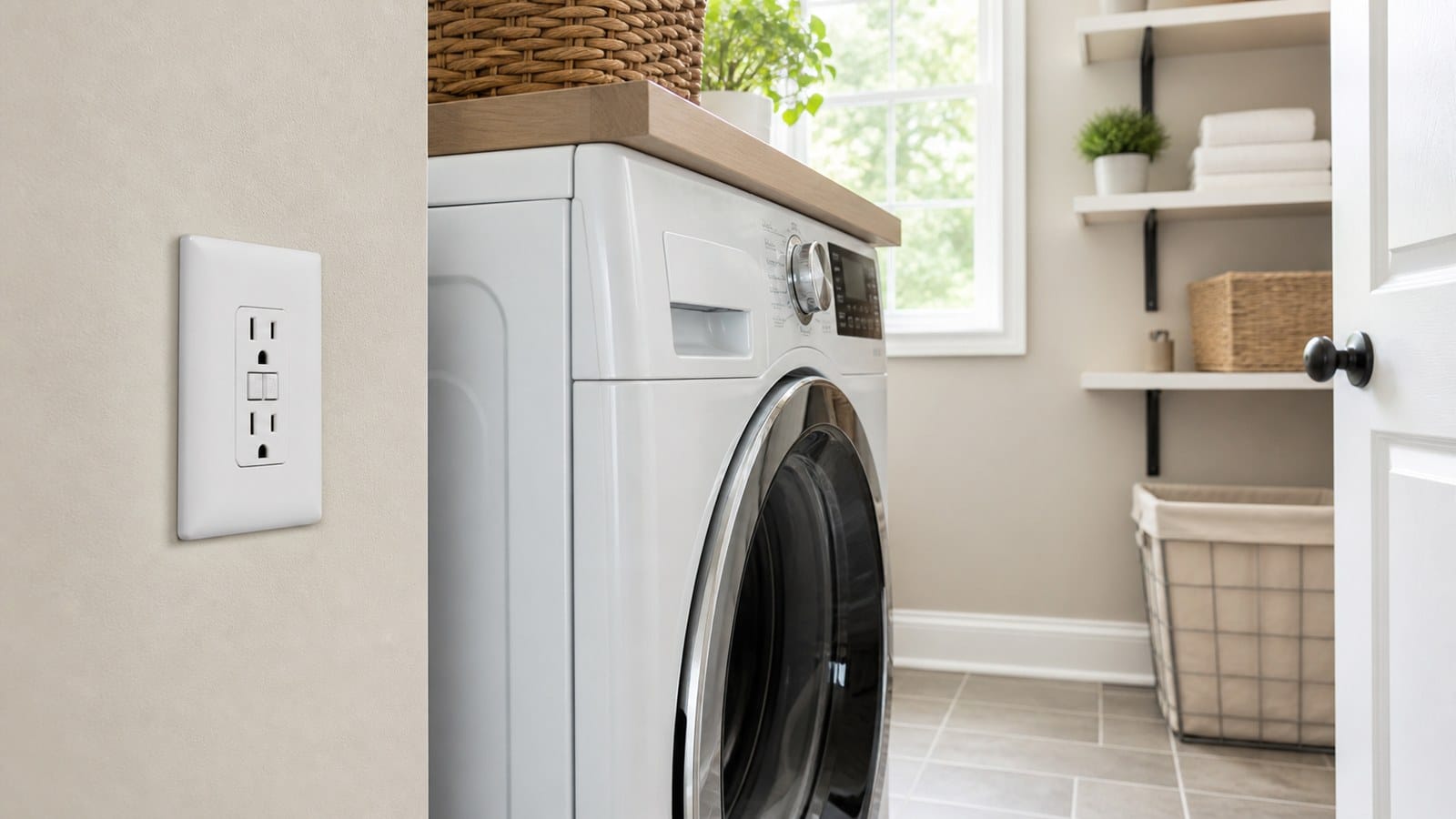 Front-loading washing machine beside an accessible GFCI receptacle in a residential laundry room