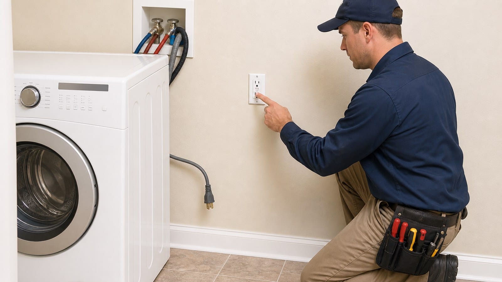 Electrician safely testing an accessible laundry-room GFCI receptacle beside an unplugged washer