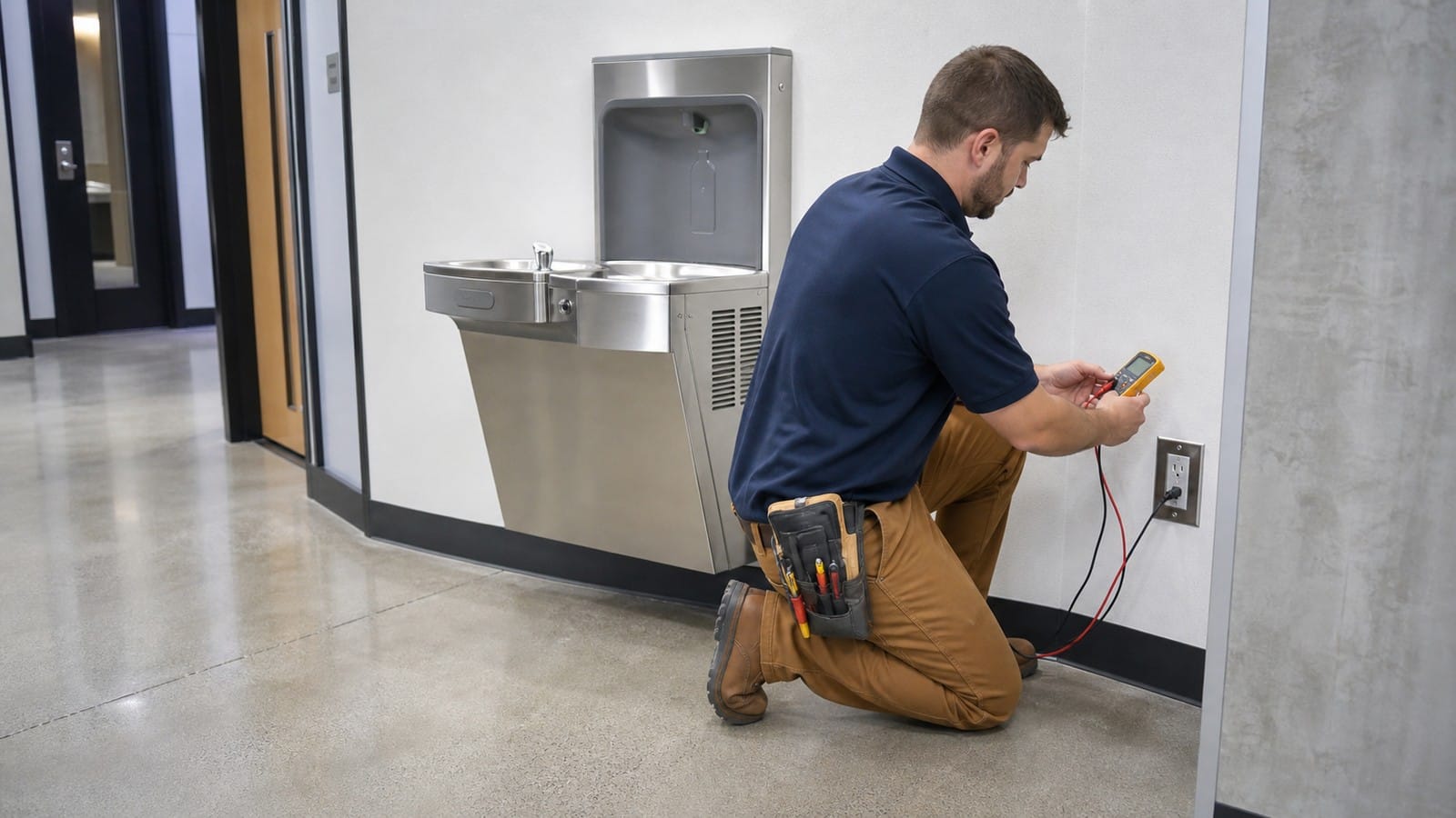 Technician commissioning a wall-mounted drinking water cooler on a GFCI-protected circuit