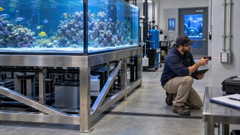 Electrical designer measuring GFCI receptacle distance from a commercial aquarium and conductive support frame