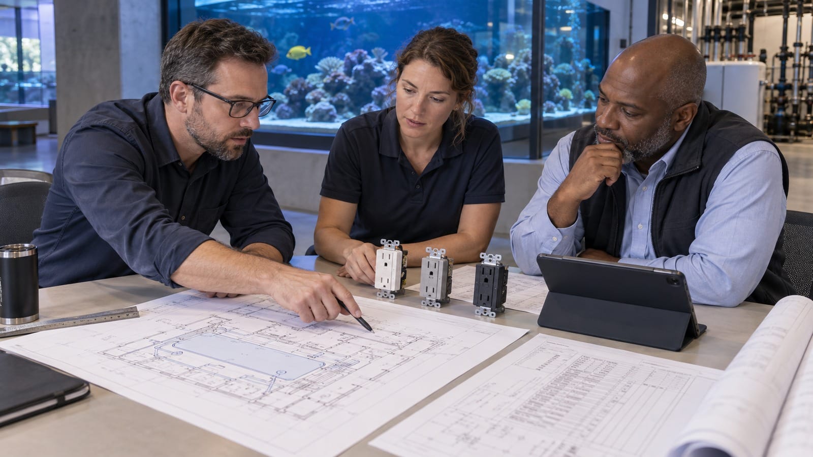 Commercial aquarium project team reviewing tank drawings GFCI models and life-support circuit schedules
