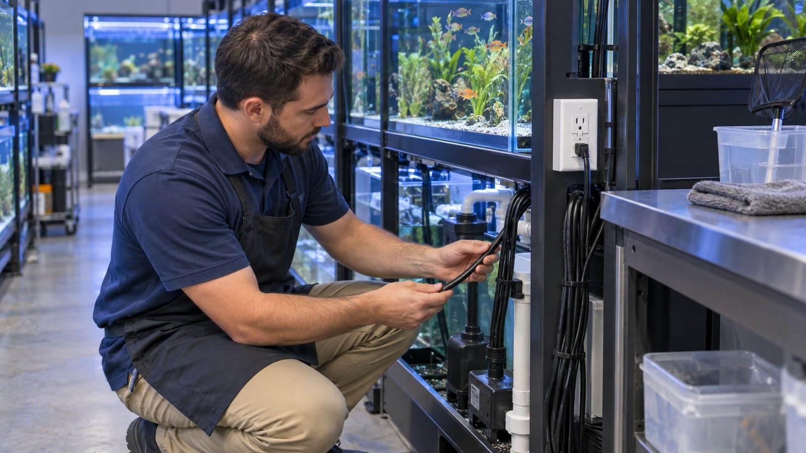Aquarium maintenance technician inspecting pump cords and an accessible GFCI receptacle beside retail tanks