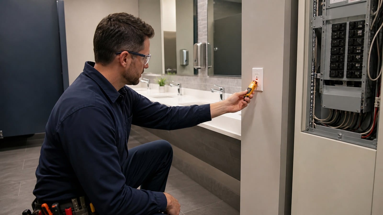 Technician testing a Class A GFCI receptacle in a commercial restroom application