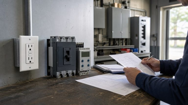 Class A GFCI receptacle and equipment ground-fault protection components reviewed on a commercial electrical workbench