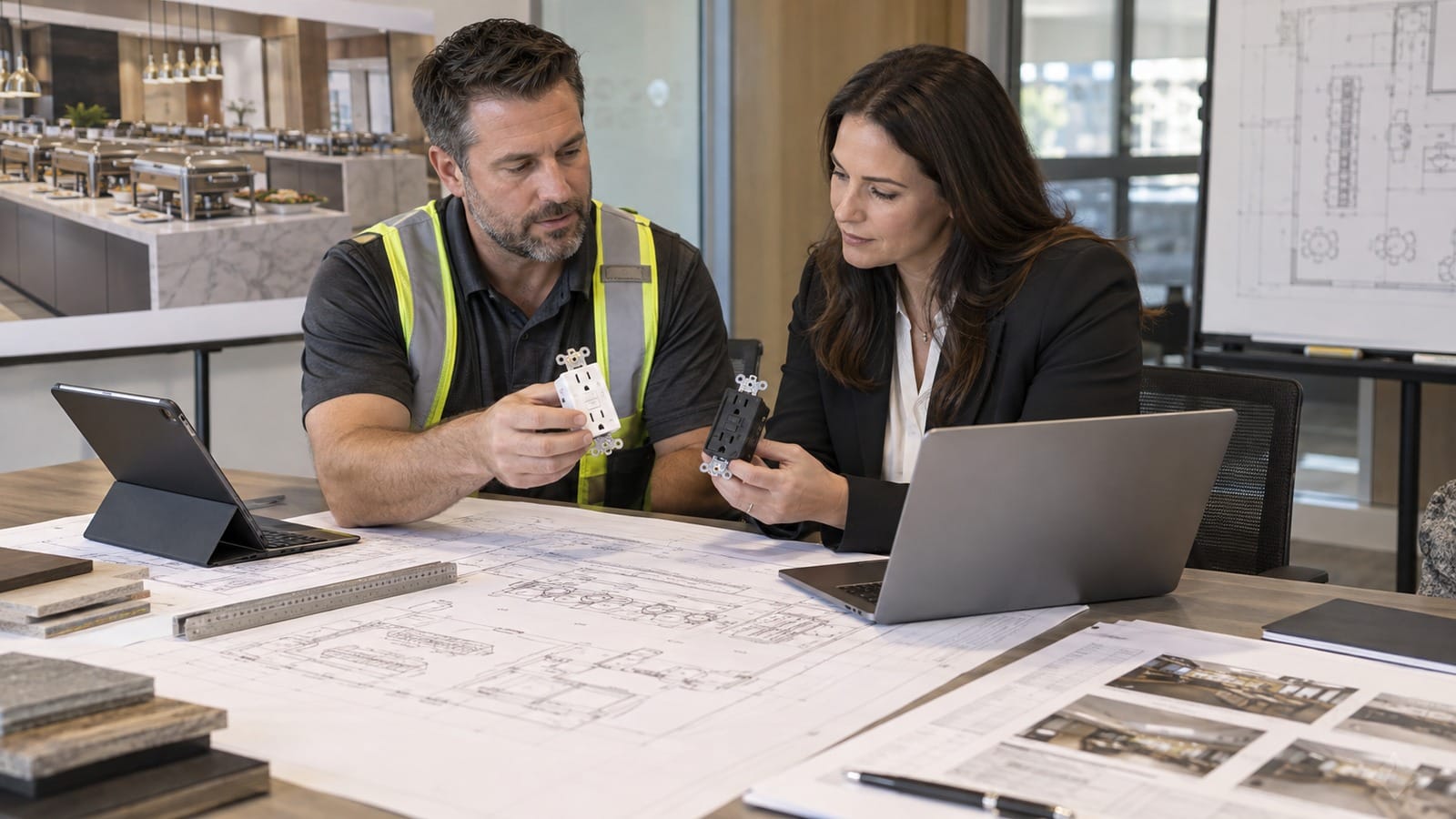 Hospitality project team reviewing buffet equipment schedules and GFCI receptacle samples