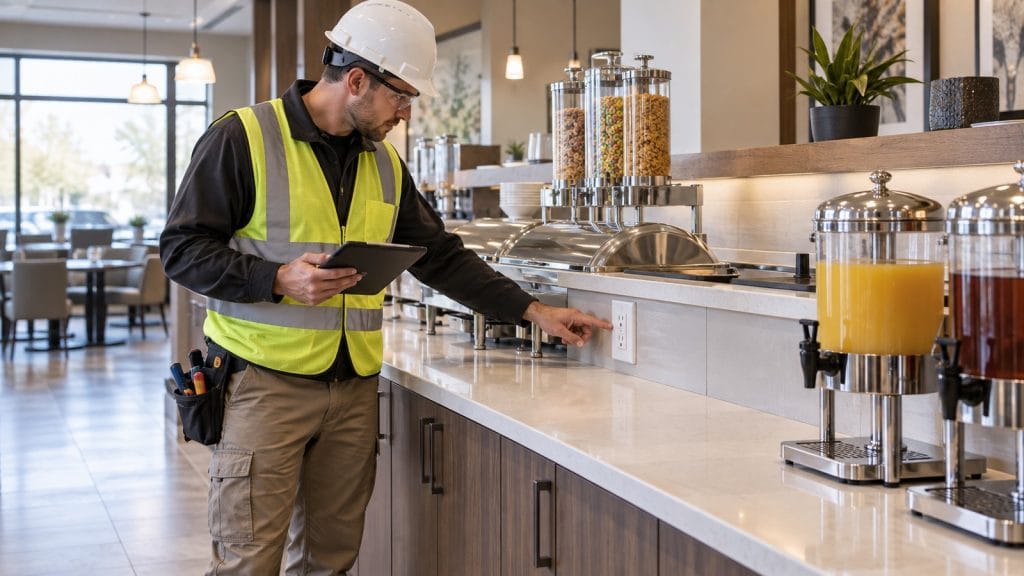 Electrician reviewing a GFCI receptacle along a permanent hotel breakfast buffet counter