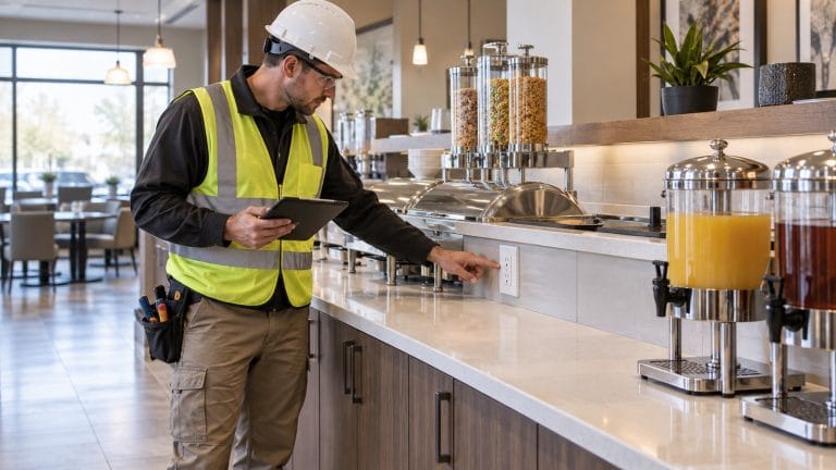 Electrician reviewing a GFCI receptacle along a permanent hotel breakfast buffet counter
