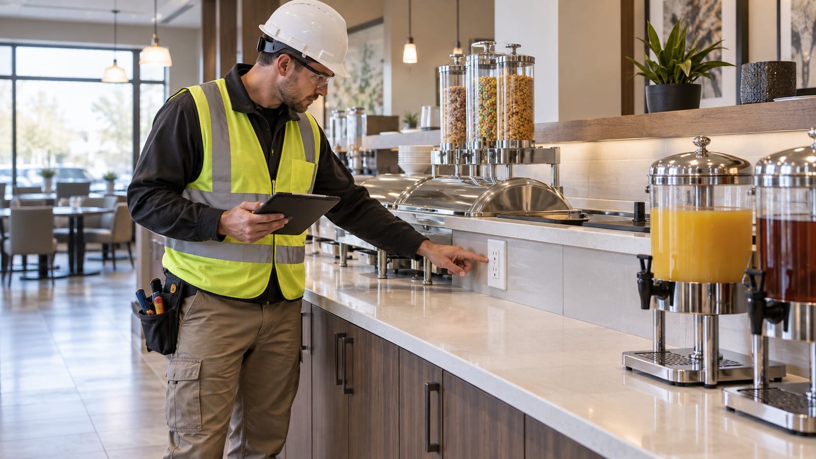 Electrician reviewing a GFCI receptacle along a permanent hotel breakfast buffet counter