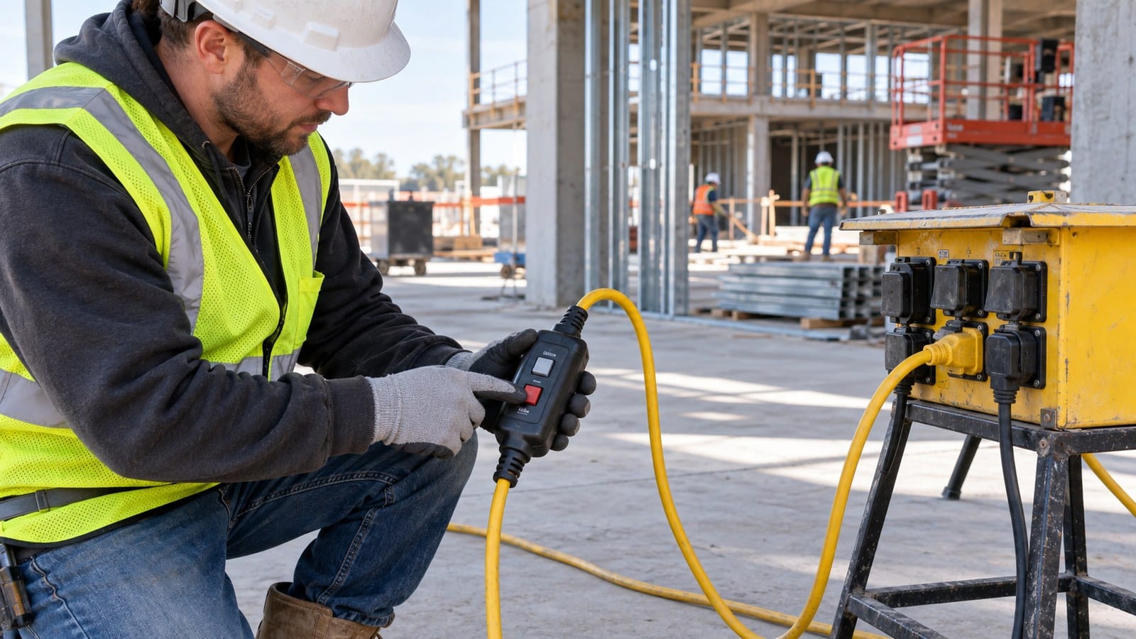 Electrician testing a portable GFCI connected to a temporary power distribution box at a construction site
