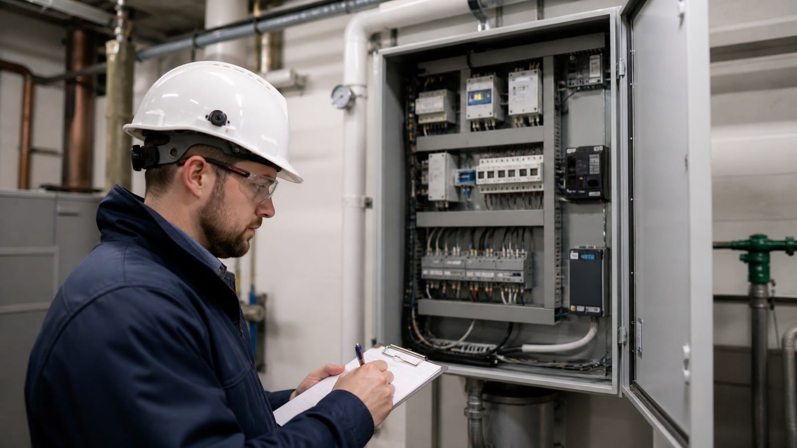 Electrician reviewing equipment ground-fault protection for a fixed snow-melting control panel