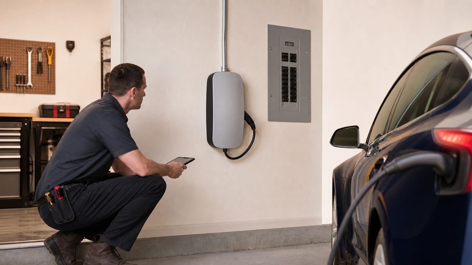 Electrician inspecting a permanently hardwired EV charging station in a residential garage