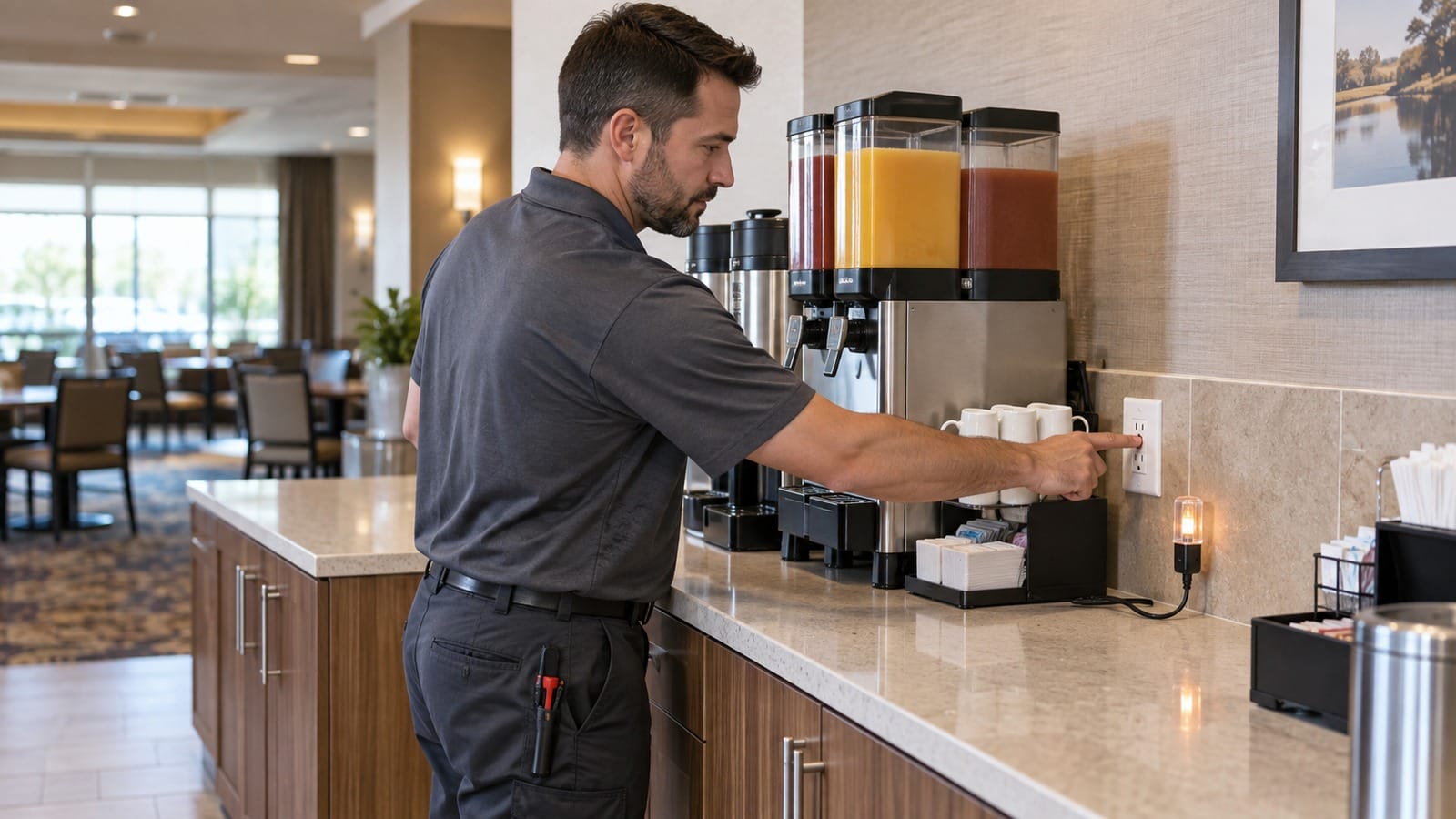 Facility technician testing an accessible GFCI receptacle at a commercial hotel beverage station